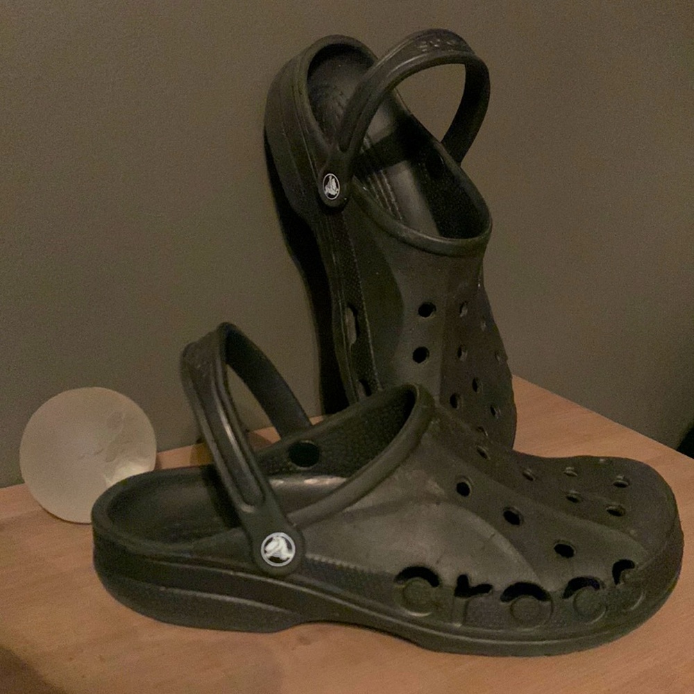 Unisex  Crocs, black, good shape.  Size unisex 10 M and 12 W.